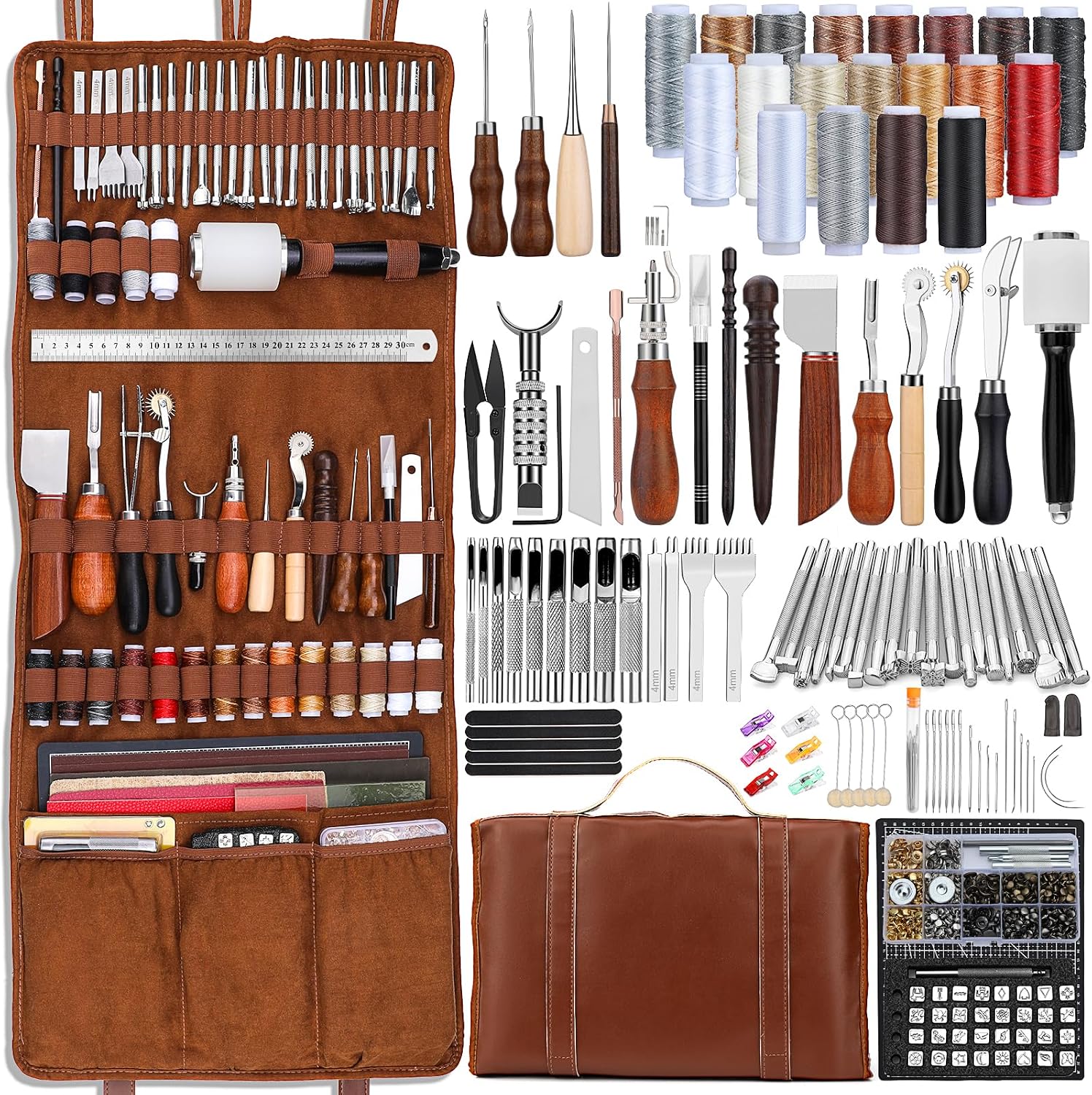 For Leather Work - Lederbearbeitungs-Set mit Werkzeugen für Lederhandwerk, Schneidematten,