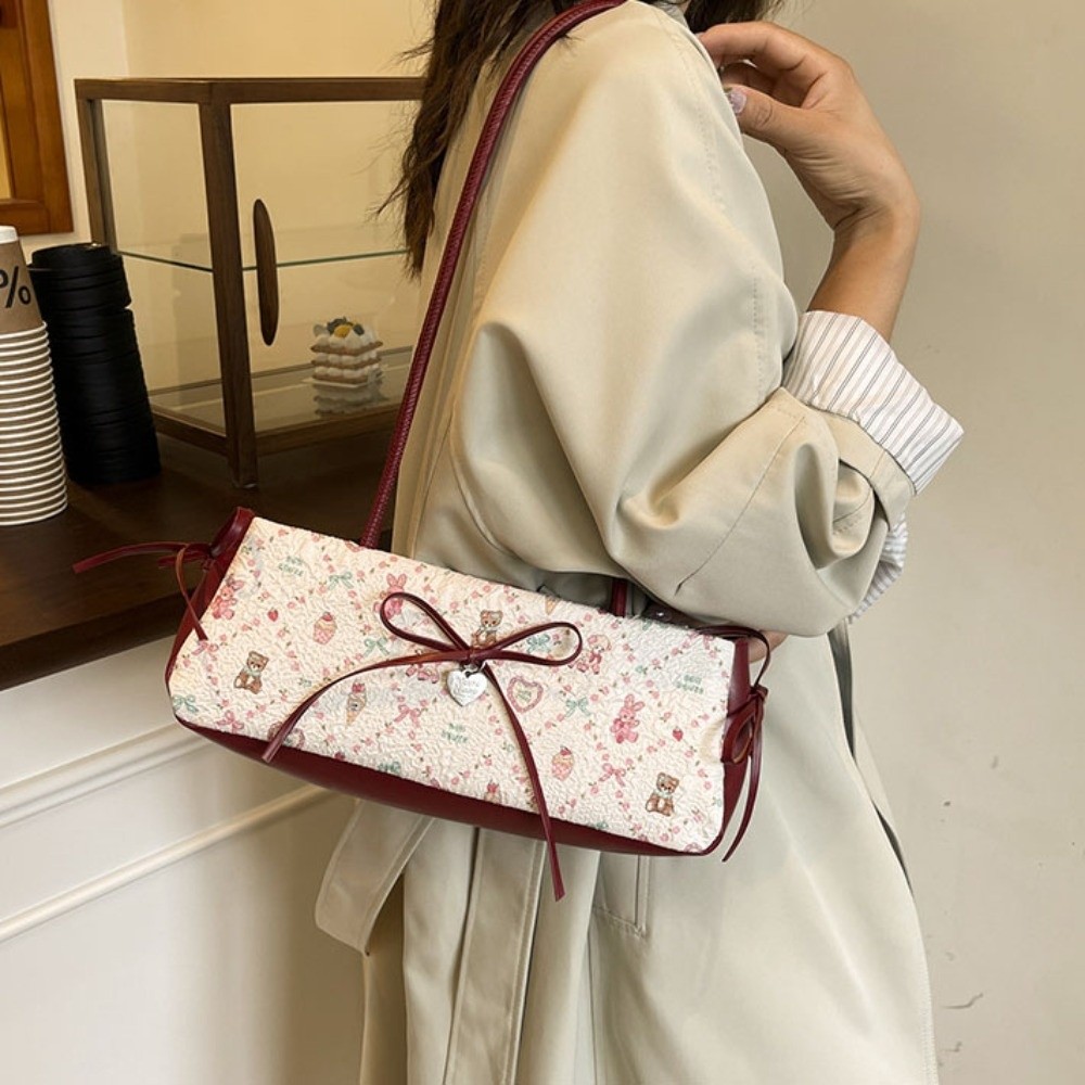 Leatherwork In French - Vielseitige Cartoon-Print Französische Baguette-Handtasche mit Plissiertem