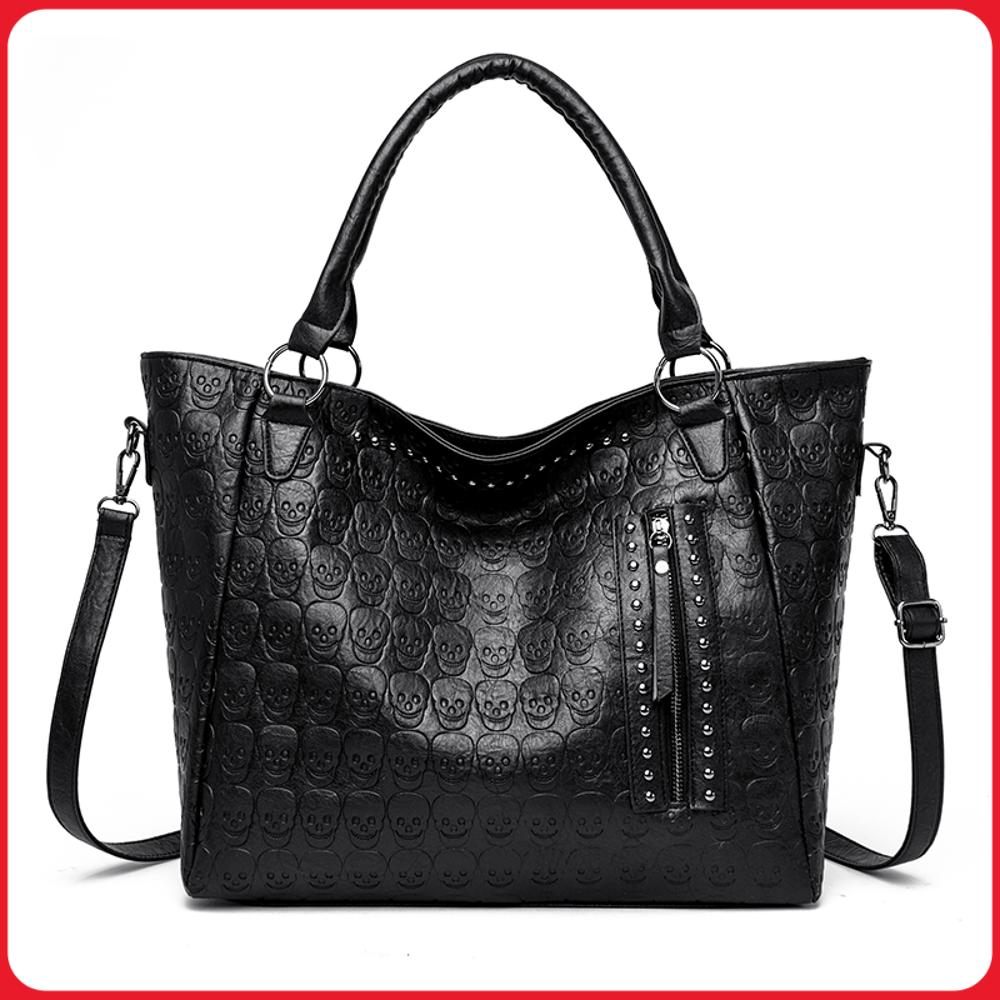 Leather Work Handbags For Women - Punk-Totenkopf-Umhängetasche aus PU-Leder mit Nieten, modische