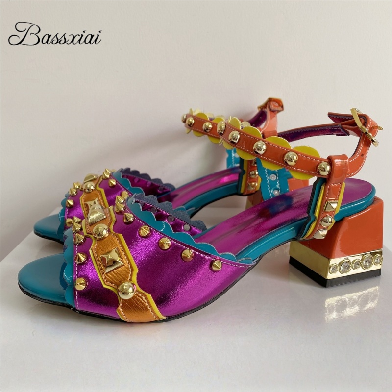Leather Work Heels - Luxury Rivet T-Strap Sandals Women Jeweled